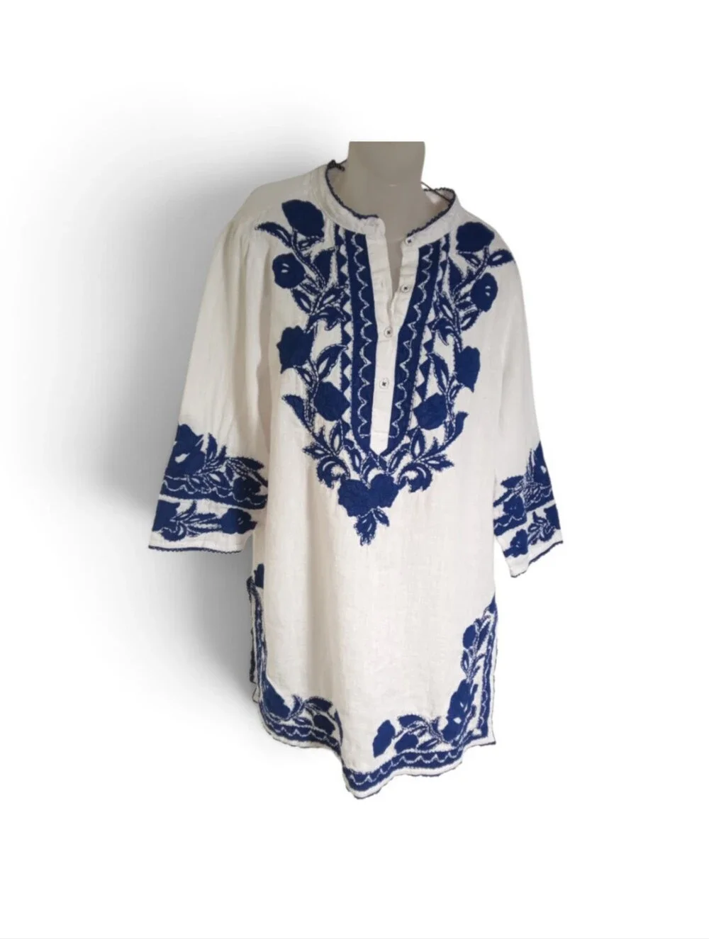 Chico's Blue White Appliqué Floral Embroidered Boho Swim Cover-Up Tunic Sz 2/L